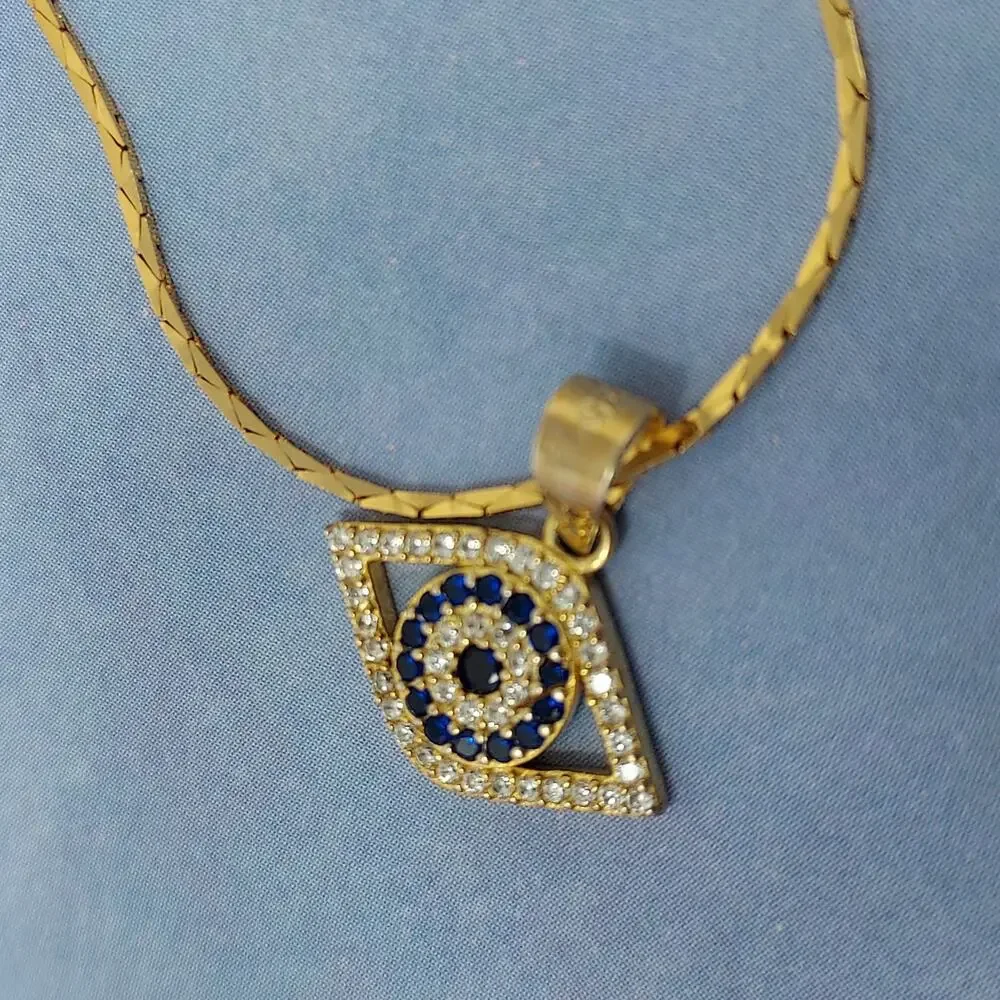Evil Eye Pendant 14mm Chain Blue Clear Rhinestones Pendant Marked 925 UNTESTED